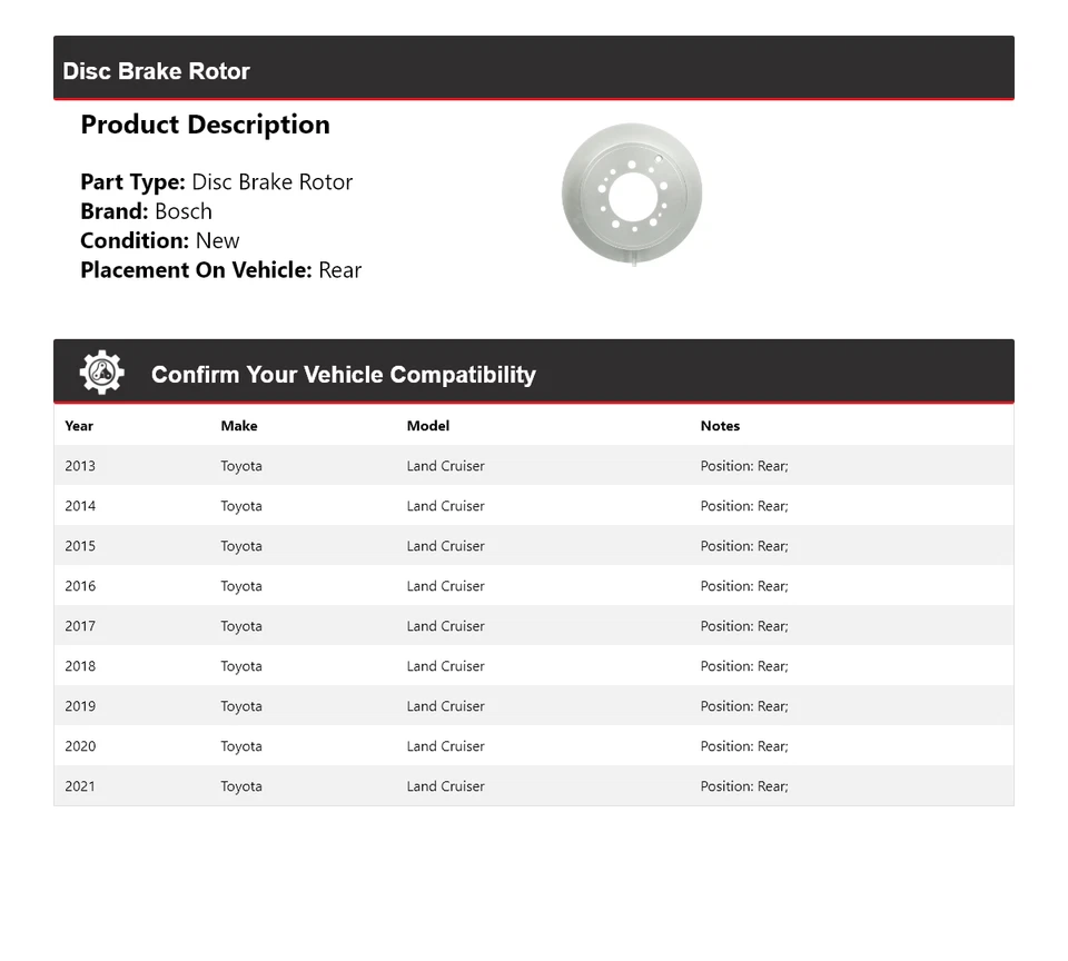 Rotor de freno de disco trasero QuietCast Bosch 2013-2021 Toyota Land Cruiser 2014 Foto 2 de 4
