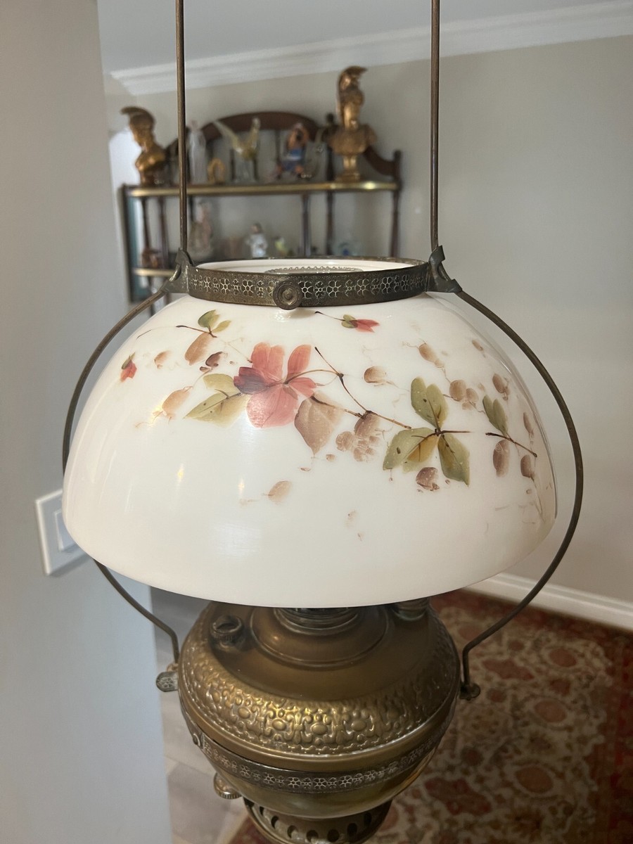 Antique (Year 1893) Brass Hanging Oil Lamp w/Glass Shade, 33