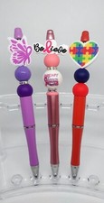 Custom Awareness Support Beaded Pen Set of 3, Black Ink, Free Refill