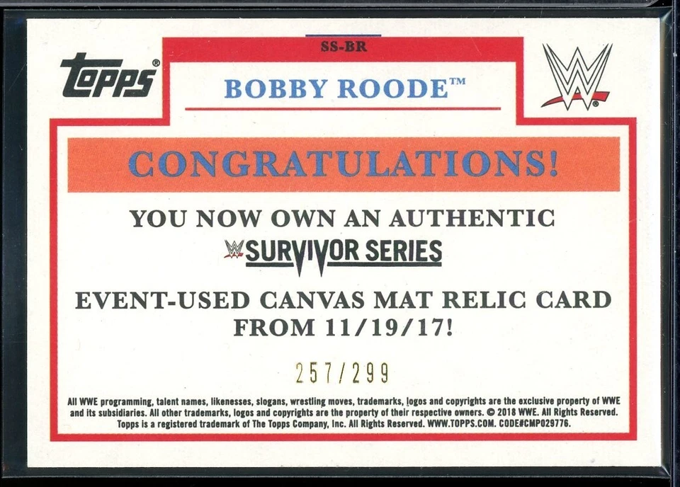 2018 Topps Heritage WWE Survivor Series 2017 Mat Relics #BR Bobby Roode 257/299 - Image 2 of 2