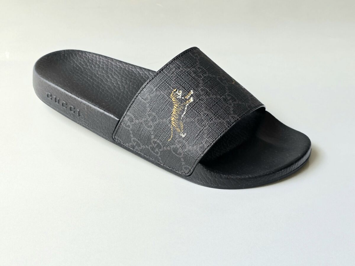 GUCCI GG Supreme Logo Tigers Print Black Slides Men's US 7 GUCCI GG Supreme Logo Tigers Print Black Slides Men's US 7