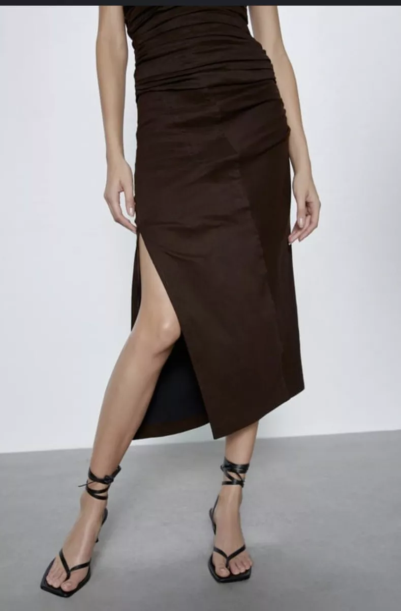 NWT ZARA Woman Brown DRAPED SKIRT Pencil Mid Slit Size M Waist is 28
