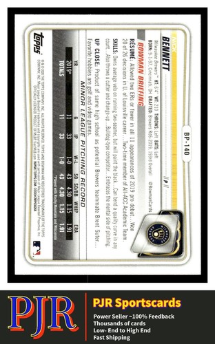 2020 Bowman #BP-140 Nick Bennett Milwaukee Brewers - Picture 2 of 2