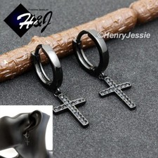 MEN WOMEN 925 STERLING SILVER CZ DANGLE CROSS BLACK PLATED HUGGIE EARRING BE245