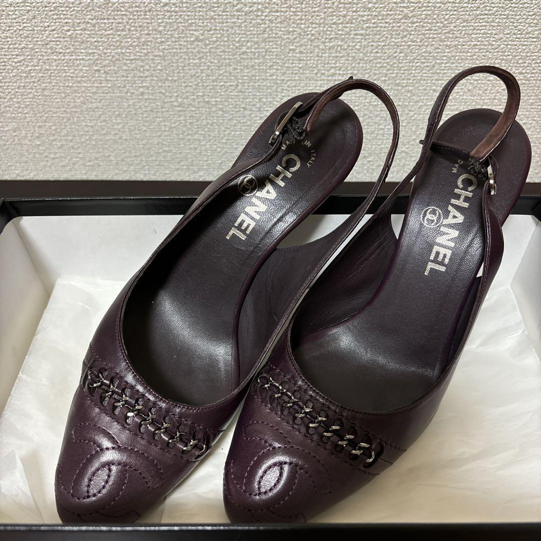 靴 CHANEL Cocomark Slingback Pumps Chanel Pumps Shoes Back-strap Coco Mark Purple Size 36 US