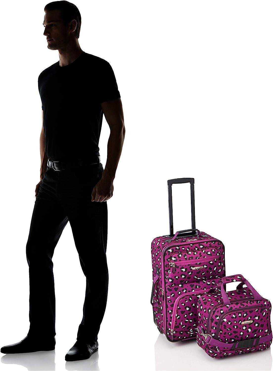 New Purple Leopard Luggage 2pc Set Rolling Wheeled Upright Case Carry On Bag