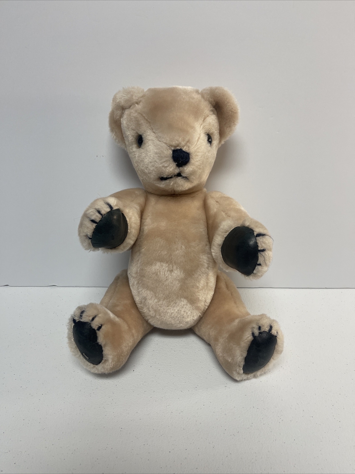 Black Leather Paws Bear Plush 14 inch Jointed Arms Legs Swivel Head Tan