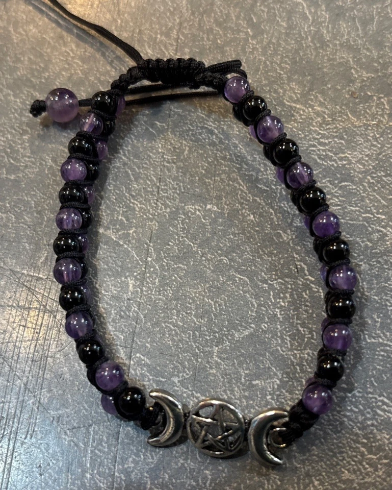 Adjustable 4 Mm Round Double Row Amethyst And Black Agate  W Triple Moon Charm - Image 4 of 4