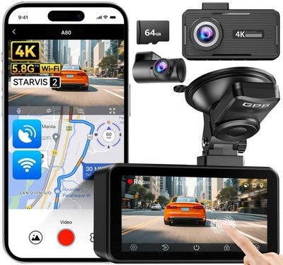 4K Dual Dash Cam Front and Rear,Dashcam for Cars with 3.2'' Touchscreen, 64GB ...