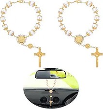 2-Piece Car Rosary, Rearview Mirror Auto Rosary Beads with Cross a Color: Gold