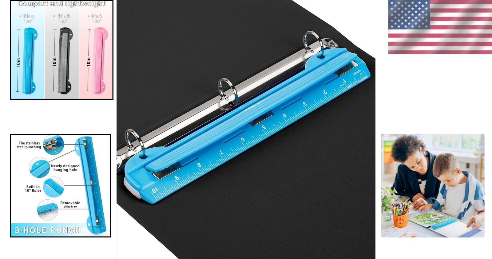Hole Puncher 3 Ring Blue Portable Metal Puncher for Binder 5 Sheet Capacity