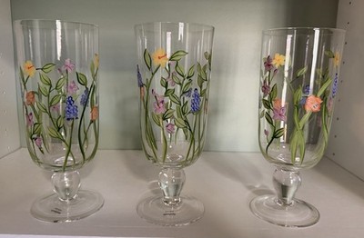 Vintage Oneida Hand Painted Floral Glass Goblets Set of 3