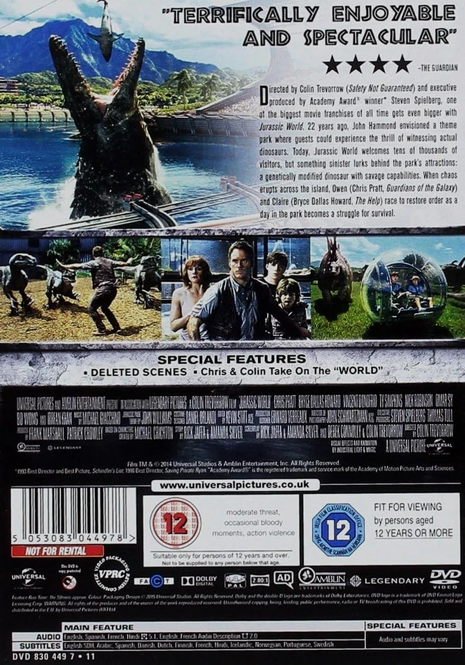 Jurassic World ( DVD-2015, 1-Disc) Region 2,4,5. Chris Pratt.  "Hybrid Dinosaur" - Image 2 of 4