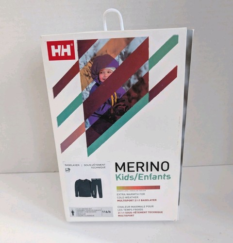 Helly Hansen Kids Merino Wool Base Layer Set NWT Sz US 6 EU 116 Top/Bottom Navy - Picture 1 of 6