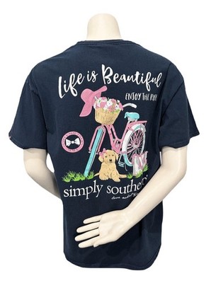 Simply Southern Life Is Beautiful Enjoy The Ride Bicycle Puppy T-Shirt L Navy