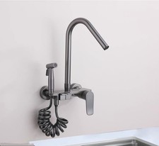 Brass Wall Mounted Kitchen Sink Mixer Faucet Free Rotation With Hand Sprayer Kit