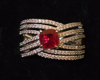 Bomb Party July Ring RBP7745 'She s Pure Glamour' Ruby/Quartz on Rhodium Size 10