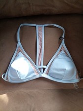 Victoria Secret PINK Swim Bikini Top Large Blue Mesh Trim T Back Triangle New
