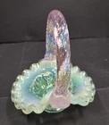 Vintage Willow Green Opalescent Mini Basket With Pink Chiffon Handle