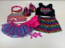 Build A Bear BABW Pink  Rainbow Leopard Outfit Lot, PJs, Bows  Shoes 