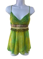 Vintage Alexia Green Yellow Beaded Empire Waist Chiffon Top Boho Y2K Fairycore L