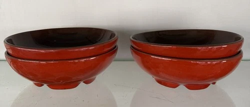 Frankoma 4XL Flame Orange/Brown Cereal Bowls.  Two Mint And 2 With Chips.