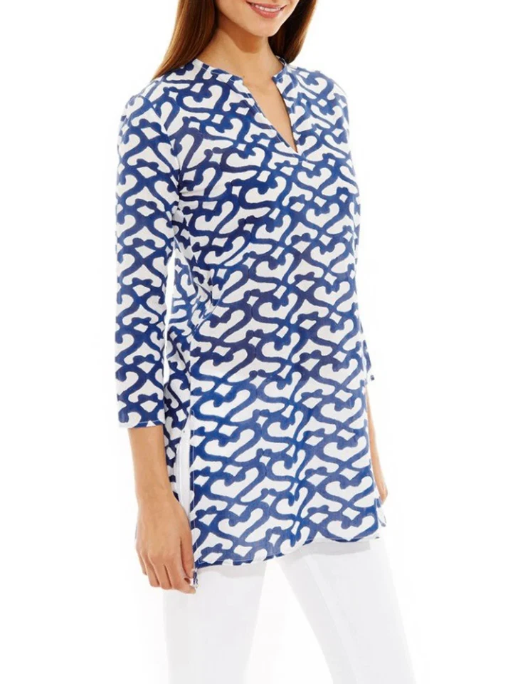 Roberta Roller Rabbit Big Cata Kurta Slits Tunic Cover Up Blouse Blue White M - Image 2 of 4