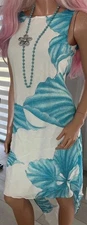 Morel Maxie Silk Dress Size 8 Blue & White Lined Sheer Botanical Print Necklace