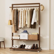 Solid Wood Clothes Rack With Wheels 3-in-1 Freestanding Garment Rack Coat... Solid Wood Clothes Rack With Wheels 3-in-1 Freestanding Garment Rack Coat...