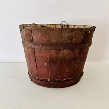 Antique Wooden Old Original Red Staved Pail Sap Bucket Hanging Tab Primitive