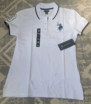 U.S. Polo Assn. Women's White Cotton Pique Polo Shirt M Short Sleeve Embroidered
