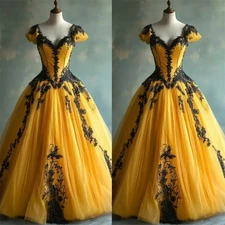 Yellow Black Gothic Prom Dress Victorian Masquerade Evening Dress Formal Gown