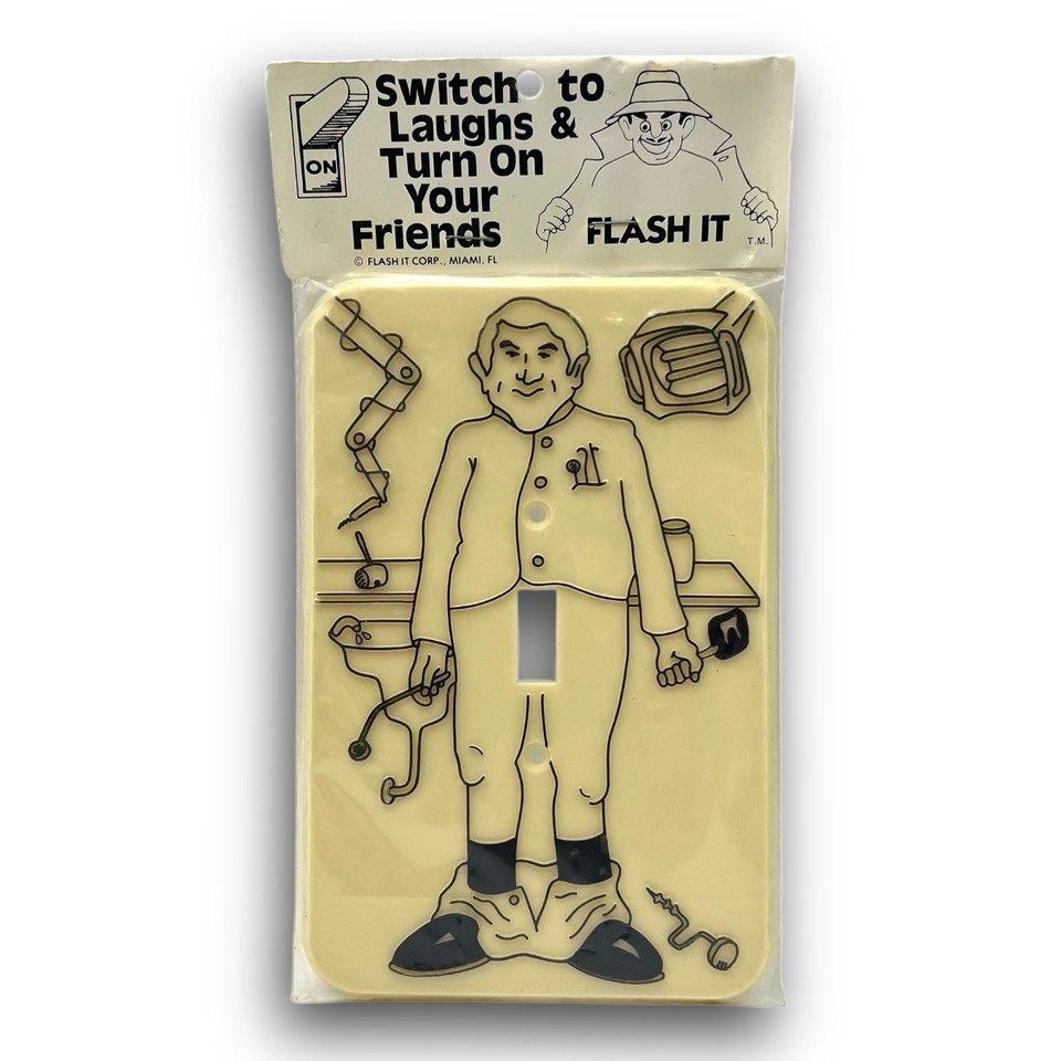 A genuine 1976 novelty light switch plate with a Doctor theme — the kind of kitschy, time-capsule find that turns a mundane wall fixture into a conversation piece.