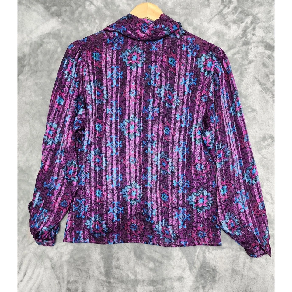 Винтажный 80-х Deborah Barry Топ женщин M фиолетовый синий в полоску цветочный в полоску галстук - Изображение 3 из 4