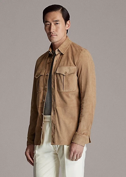 Men's Beige Suede Shirt Real Soft Sheepskin Suede Causal Overshirt - Image 4 of 4