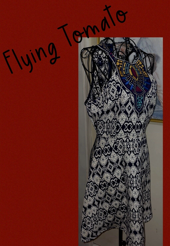 FLYING TOMATO Fit & Flare Dress-Black/White Jacquard-Embroidered Bodice-Boho-S - Picture 4 of 6