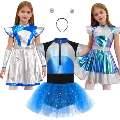 IINIIM DE Kinder Mädchen Alien Kostüm Halloween Roboter Cosplay Outfit Metallic Kleid
