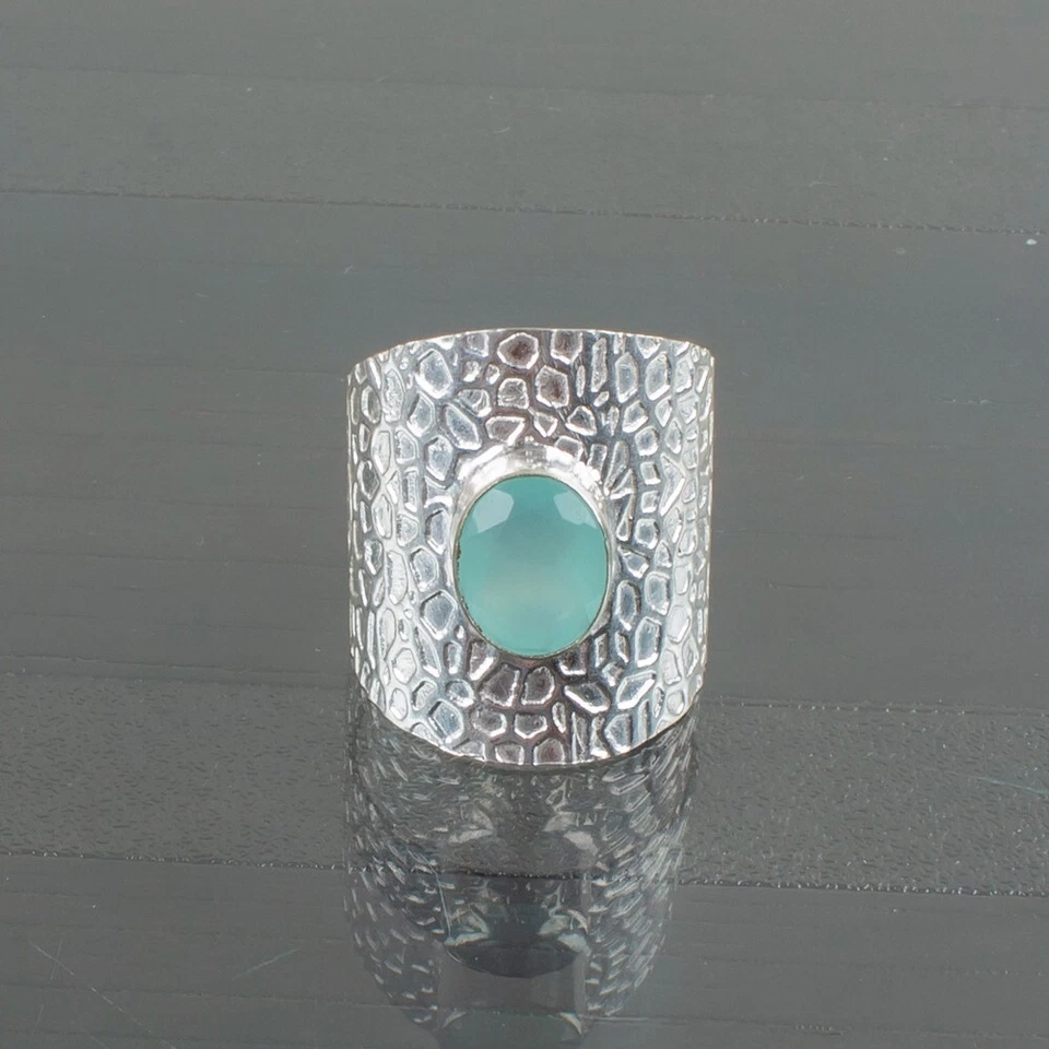 Anillo Aqua Banda Piedras Preciosas Calcedonia Talla 925 Joyería Plata Esterlina Foto 2 de 4