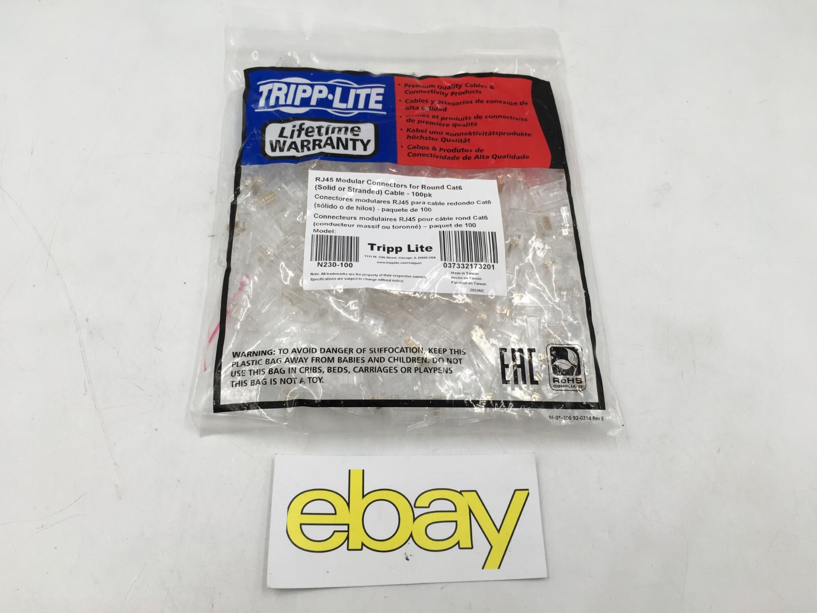 Tripp Lite N230-100 Cat6 Network Connector 100 Pack 1 x RJ-45 Male Free Shipping