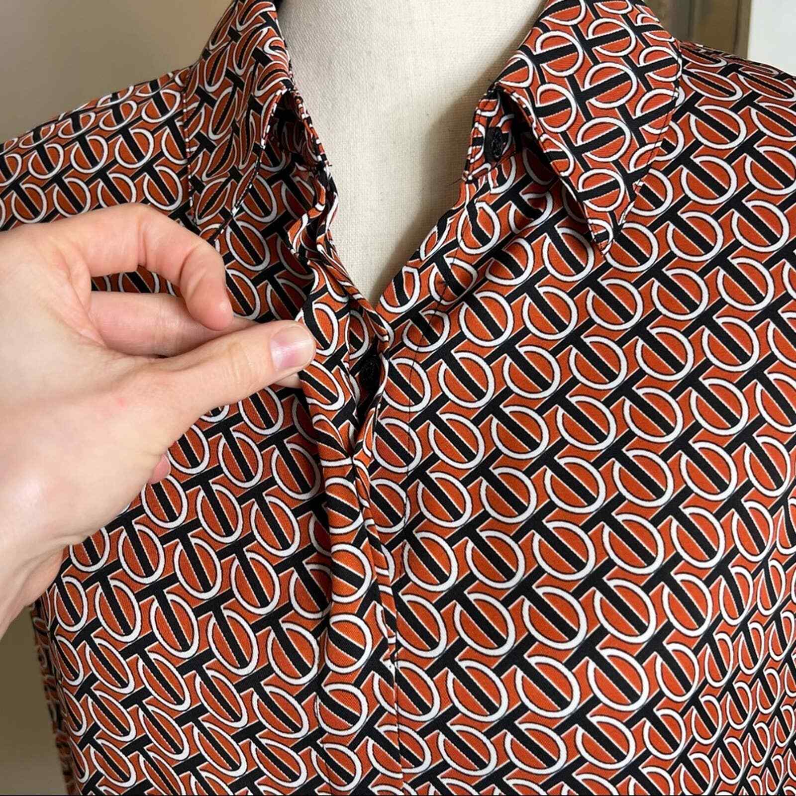 Express Orange Black Button Up Collared Geometric… - image 5