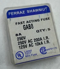 FERRAZ SHAWMUT FAST ACTING FUSE GAB8 8A 125-250V 10KA 200A PER PIECE