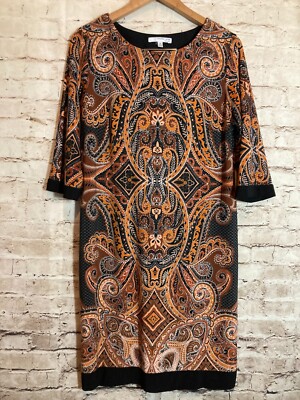 Studio One Midi Dress Womens 12 Rust Jacquard Paisley Printed Stretch
