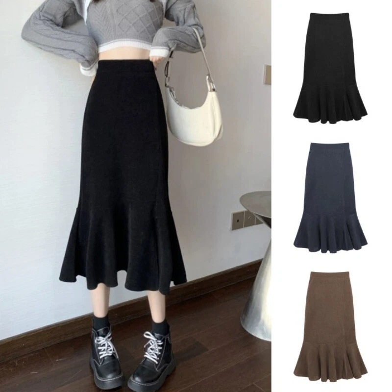 Women Girl Corduroy Fishtail Skirt Side Slit Slim Midi Skirt