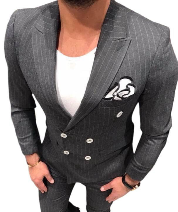 Diseñador Doble Serie Traje Gris Blanco Raya Diplomática Deportivo Fit Ajustado