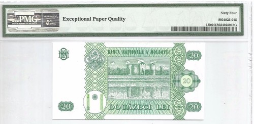 MOLDOVA SOLID SERIAL # 333333 - 20 LEI 2010 PMG: 64 EPQ Choice UNC. #724 - Picture 2 of 2
