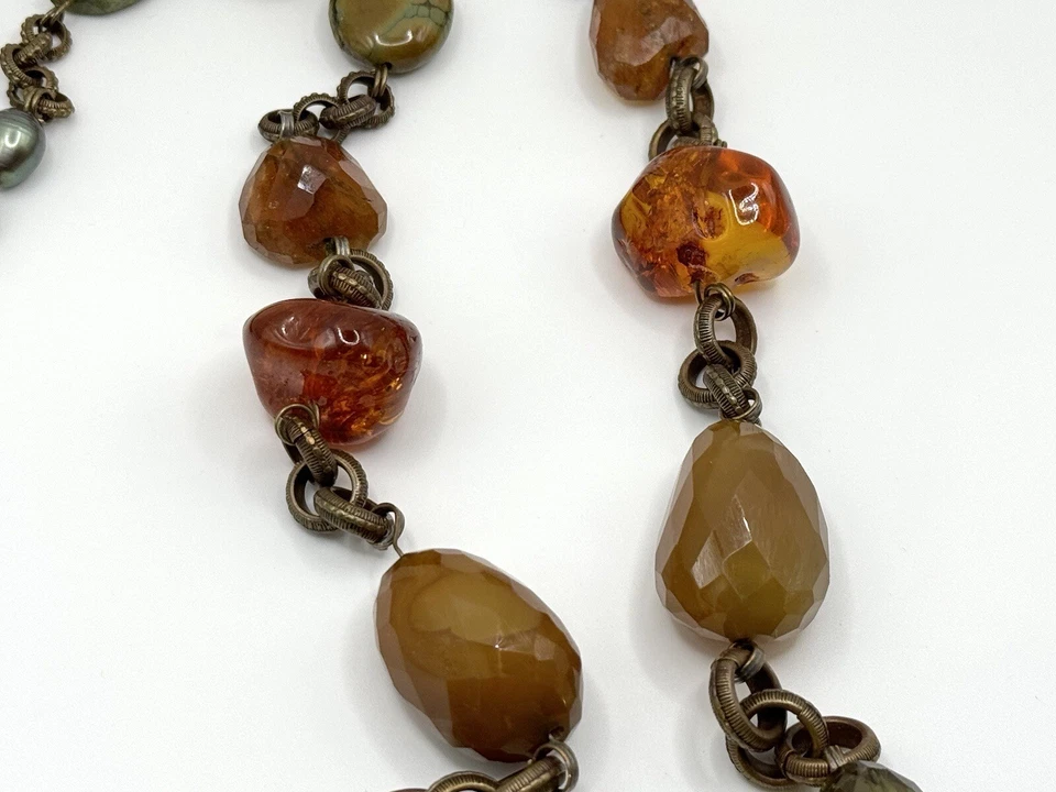 Collar de cadena Stephen Dweck grande grueso con múltiples piedras preciosas ámbar y perla de bronce Foto 4 de 4