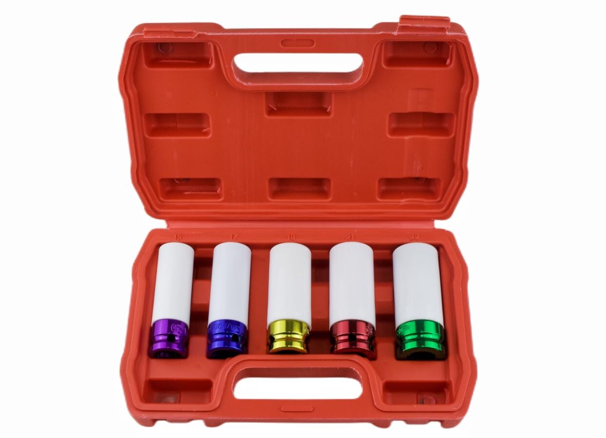 5Pcs 1/2 Inch Lug Nut Socket Set with Wheel Protector - 15mm 17mm 19mm 21mm 22mm Sizes
