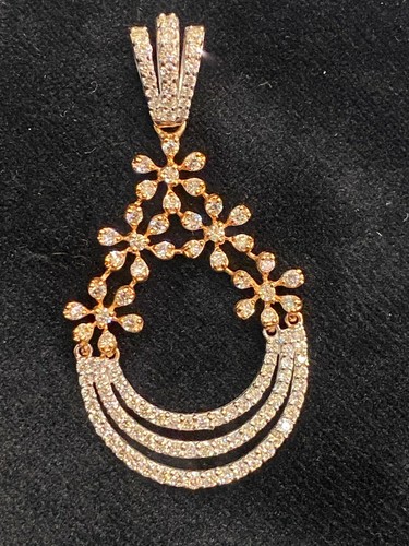 Pave 1.71 TCW Round Brilliant Cut Natural Diamonds Pendant In 585 Fine 14K Gold - Picture 3 of 12