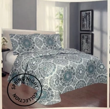 3-Piece king  Size Printed WHITE AND BLUE  Quilt Set circle