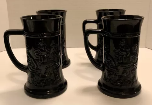 Vintage 1960’s Set of 4 Tiara Indiana Black Glass Tankard Stein Mug Beer Tavern